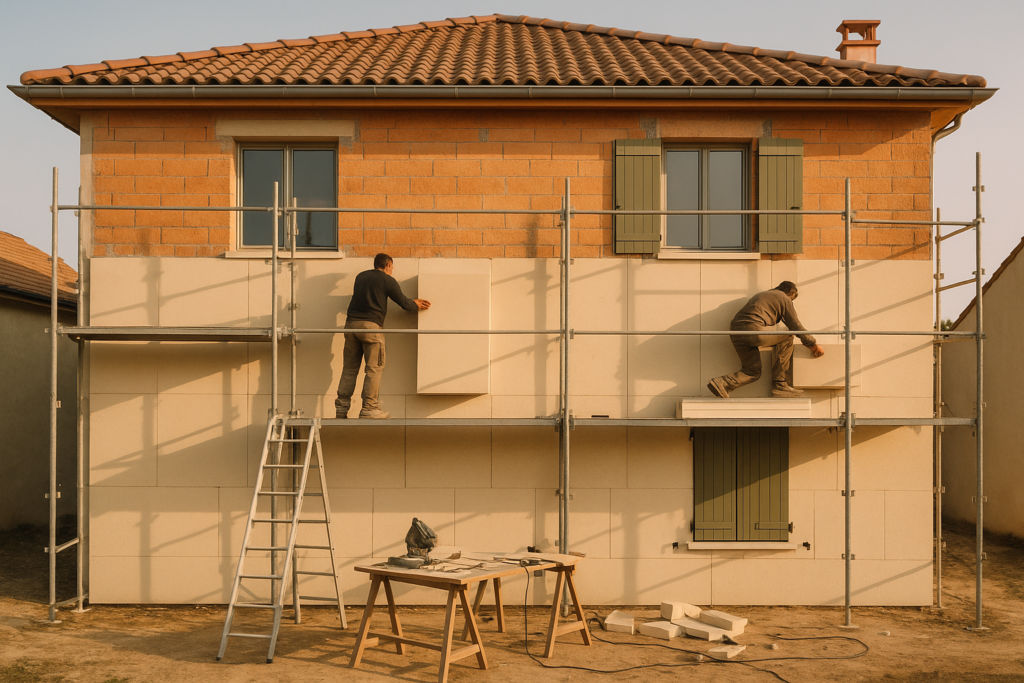 Chantier d'isolation thermique par l'extérieur (ITE) sur une maison individuelle neuve