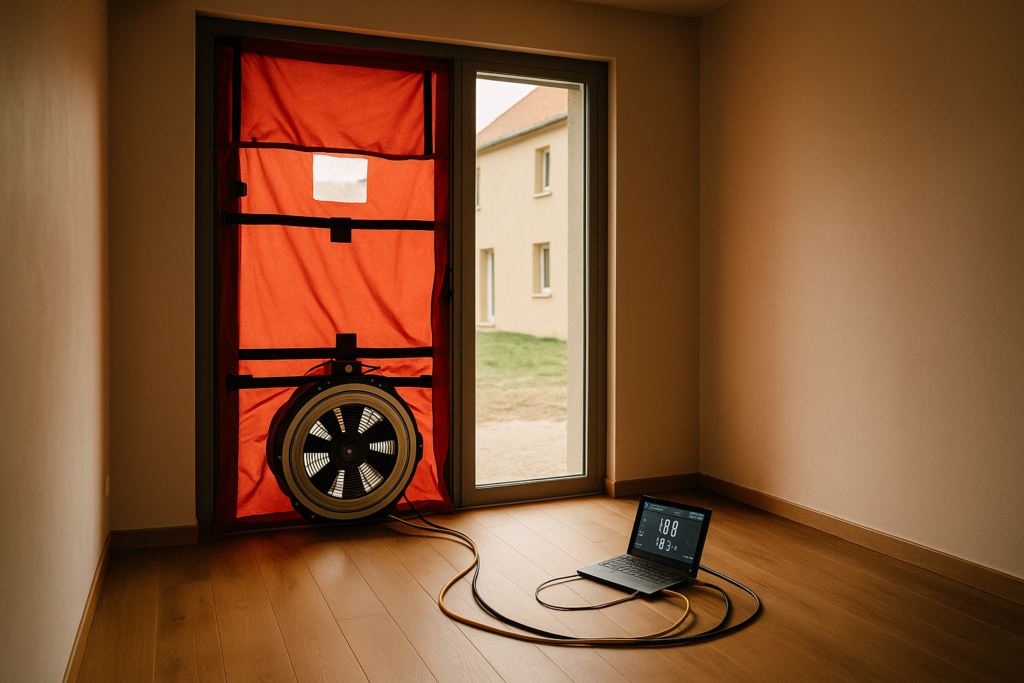 Test d'étanchéité à l'air (blower door) sur une maison individuelle neuve