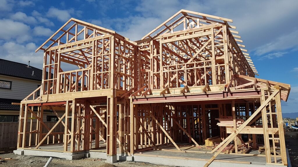 Chantier d'ossature bois d'une maison individuelle